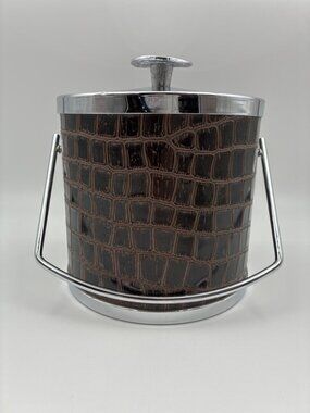 VTG MCM Serv-Master Creations Brown Faux Alligator Croc Ice Bucket Chrome Handle